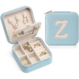 Vlando Small Jewelry Box for Girls Fashion, Initial Jewelry Box for Girls Small Jewelry Organizer Box, Small Travel Case, Mini Jewelry Case Travel Must Haves Jewelry - Letter Z, Blue