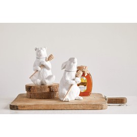 Creative Co-Op DA8253 White Bear Shaped Honey Pot with Bamboo Dipper