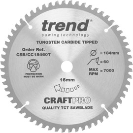 Trend Wood Cordless Mitre Saw Blade, 184mm Diameter, 16mm Bore, 60 Teeth, TCT, 1.6mm Kerf, -5° Hook, CSB/CC18460T