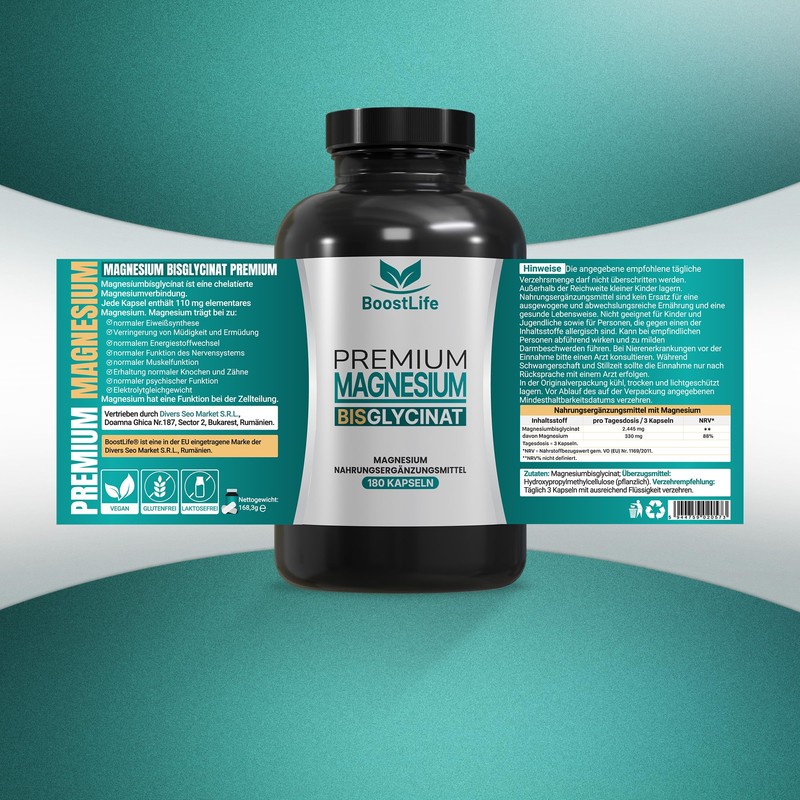 BoostLife Magnesium Bisglycinate 180 Capsules - 2445 mg Magnesium Bisglycinate
