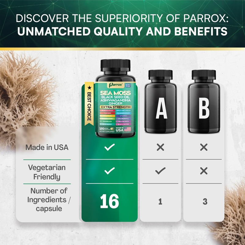 Parrox Sea Moss, Black Seed Oil, Ashwagandha, Turmeric, Chlorophyll, Dandelion,