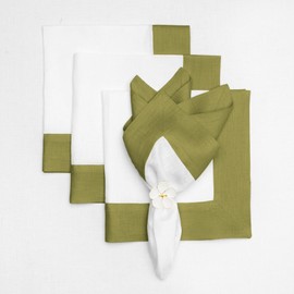 Solino Home Linen Dinner Napkins 20 x 20 Inch - 100% Pure Linen Avocado and White Cloth Napkins Set of 4 - Contempo, Handcrafted and Machine Washable