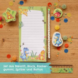 Papierdrachen 6-Piece Writing Set for Primary School Children, Dinosaur Motif, with Pencil, Sharpener, Ruler, Eraser, Writing Pad, Gift Idea for School Enrolment, Party Bags for Children's Birthdays,