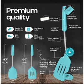 BakeRoyal Silicone Spatula Set - Turner Spatulas Silicone Heat Resistant 600°F - Slotted & Solid Spatula for Cooking Fish, Eggs, Pancakes Flipper – Spatulas for kitchen use – Aqua