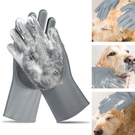 Mumoo Bear Pet Grooming Gloves - Gentle Dog Bathing Shampoo Brush - Massage Mitt with Enhanced Five Finger Design - Efficient Deshedding Glove for Dogs, Cats, Rabbits and Horses - Grey