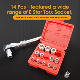FIFIBANG E-Torx Star Socket Set E4, E5, E6, E7, E8, E10, E11, E12, E14, E16, E18, E20, E22, E24, Torx Socket Spanner Set 1/2 inch, 1/4 inch, 3/8 inch with Storage Box (Red)