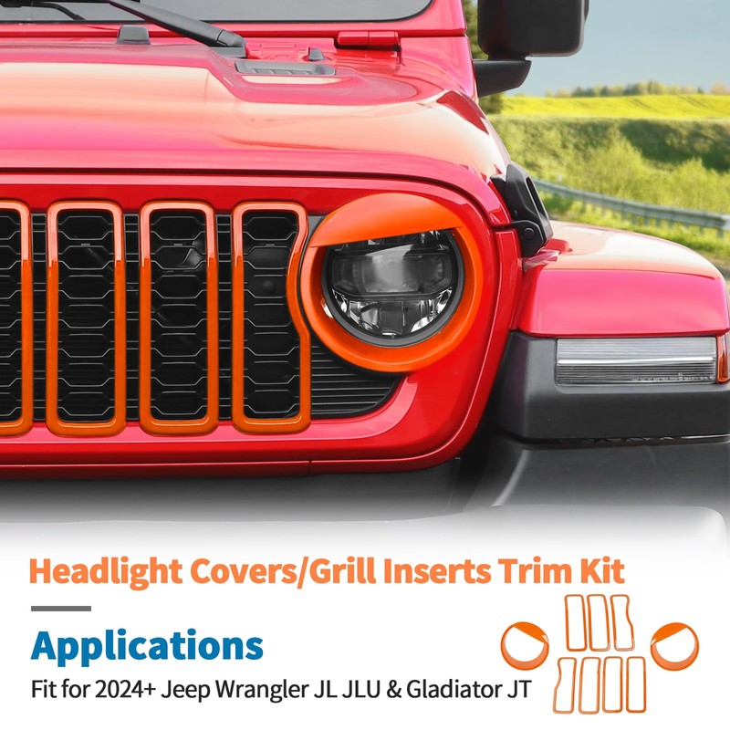 JeCar 9pcs Orange Grill Inserts Headlight Covers Trim Kit for