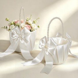 Flower Girl Basket Set of 3, with Pearl Handle & Satin Bow for Weddings, Ivory