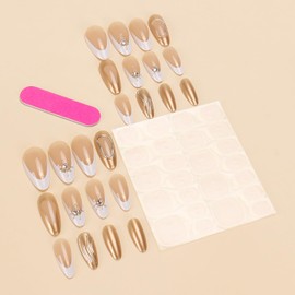 French Tip Press On Nails Almond Shaped Gold Fake Nails Press Ons Nails White French Star Design False Nails Gold Stick On Nails Glossy Artificial Glue On Nails For Women Nails Decorations