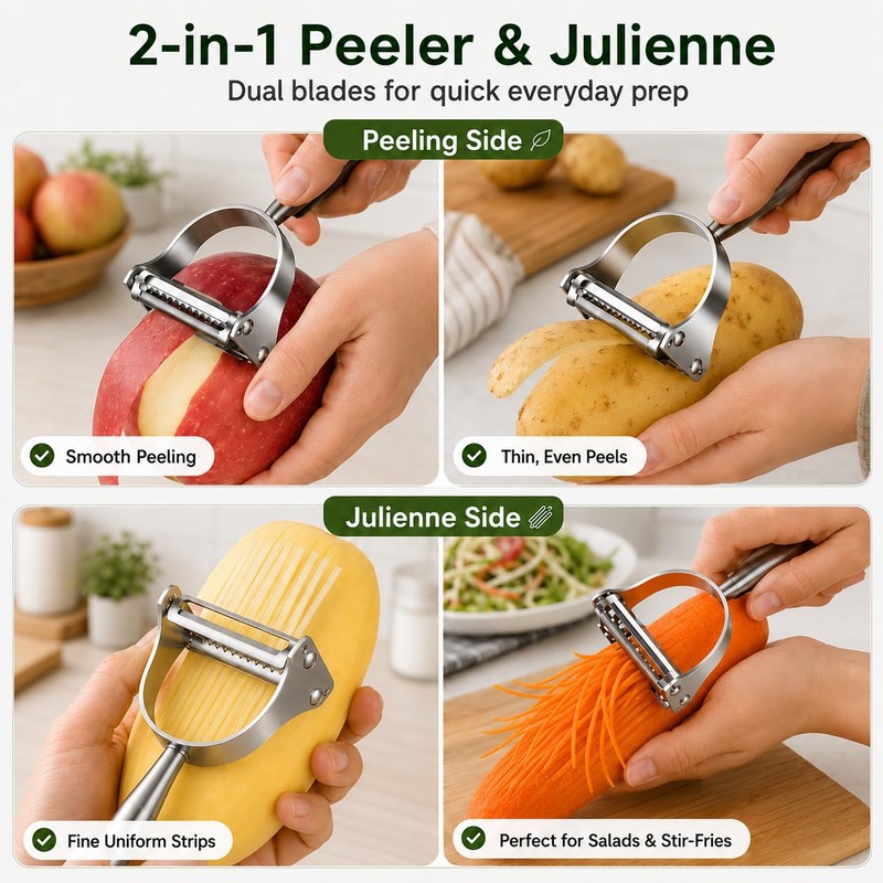 2-in-1 Julienne Vegetable Peeler, Stainless Steel Y Peeler with Dual