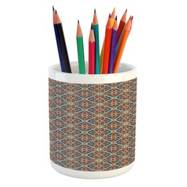 Ambesonne Eastern Pencil Pen Holder, Oriental Cultural Motif Swirled Curved Petals Wild Flora Themed Squares, Ceramic Pencil Holder for Desk Office Accessory, 3.6" X 3.2", Multi 1