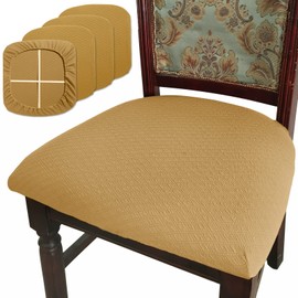 BUYUE Dining Room Chair Seat Covers Set of 4, TPU not Mixed, Friendly Jacquard Fabric Stretch Washable Slipcover for Kitchen Seat Cushions, Ocher-4PCS
