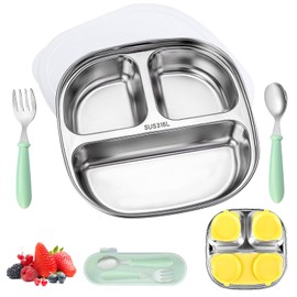 Baby Plate with Suction Cup, Stainless Steel, Children's Plate with Suction Cup, Stainless Steel Plate Baby with Lid, Baby Plate with Forks and Spoons