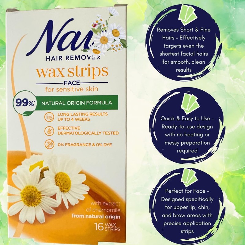 Nair Facial Wax Strips Bundle with Exfoliator Puff & BVO