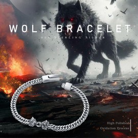 Hagkew Wolf Bracelet for Men 925 Sterling Silver Wolf Head Cuban Chain Bracelet Clasp Gothic Viking Bracelet Animal Biker Party Jewelry Gift for Men