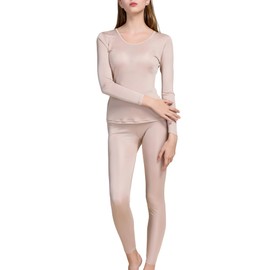 Grenasasilk Womens Silk Long Underwear Mulberry-silk Long Johns Thermal Underwear Sets Cold Weather Base Layer (X-Large, Beige)
