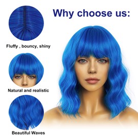 GJD Short Bob Wavy Wig with Bangs, Loose Curly Shoulder Length, Synthetic Cosplay Wig, Blue