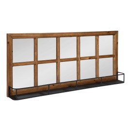 Kate and Laurel Jackson Casual Farmhouse Solid Wood 10 Windowpane Mirror with Distressed Black Metal Shelf, 40x18, Rustic Caramel
