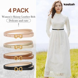 KASBAH 4 Pack Skinny Women Belts for Dresses Jeans Ladies Thin Leather Waist Belt with Gold Buckle 0.47" Width, C-black+brown+beige+gold, XS Fit waist size 22"-26"