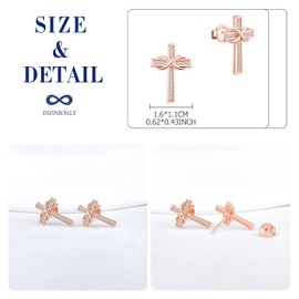 INFINIONLY Necklace and Earrings studs for women girl, 925 silver Jewelry Sets, Cross and infinity symbol necklace earring, cross necklace pendant, cross earring stud, Inlaid Zircon, rose gold