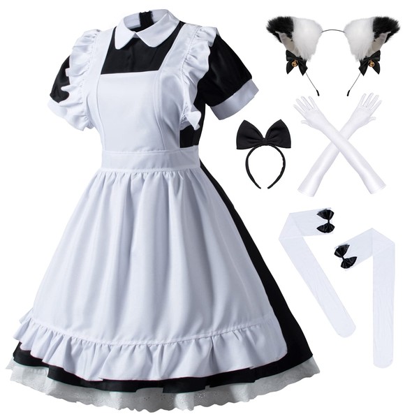 Wannsee Japanese Anime 6Pcs Lolita French Maid Apron Fancy Dress Cosplay Costume Gloves Headwear Socks set(Black L)