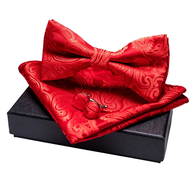 JEMYGINS Men's Paisley Pattern Bow Tie, Cuffs, Buttons, Handkerchief Set,