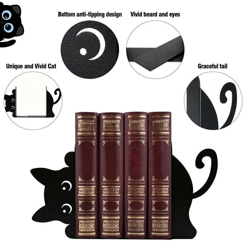 4 Items Eeping Cat Metal Bookends Cute Decorative Book Ends
