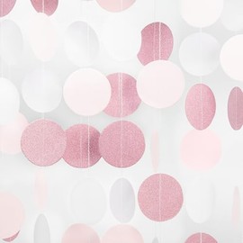 Rose-Gold Pink White Party Decorations - 52Ft Paper Garland Circle Dots Streamers Banner Girl Women Birthday Bridal Shower Wedding Bachelorette Engagement Graduation Hanging Decor Hongtongtong