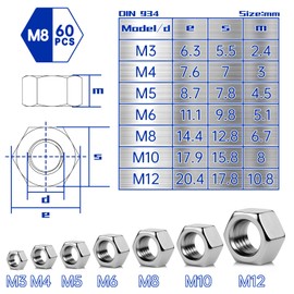 Pyroclasia Pack of 60 M8 Nuts Hexagonal Nuts Stainless Steel A2 V2A DIN 934 Hex Nut Stainless Steel Nut Hexagonal Nut Rustproof for Screws Washers Threaded Rods Indoor and Outdoor Use