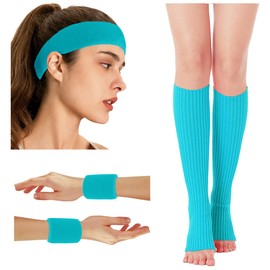 v28 Women 80s Neon Leg Warmers Set Headband Sweatbands Wristbands Fanny Pack for Party Fitness Running Hiking (A Lakeblue)
