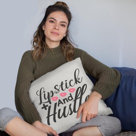Lipstick & Hustle w/Lips Design - Beauty Themed Merch for Makeup Artist or Cosmetologist, Gift for Makeup Lovers, Pillow Cover, White 20X20 in