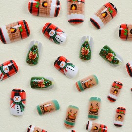 Christmas Press on Nails Medium Square Fake Nails with Holly Designs Reindeer Glue on Nails Xmas Tree Snowman Stick on Nails Reusable Glossy Winter False Nails for Women Girls Holiday Manicure 24pcs