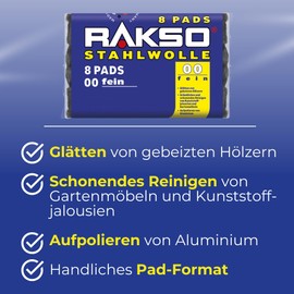 RAKSO Steel Wool Fine 00-16 Pads - 2 x 8 Pieces Smooths Woods, Cleaning Plastic Blinds, Garden Furniture, Polishing Aluminium