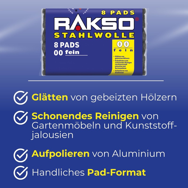 RAKSO Steel Wool Fine 00-16 Pads - 2 x 8