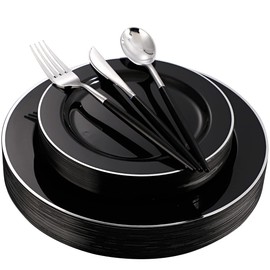 WELLIFE 24 Guests Disposable Black Plastic Plates with Silver Rim, Silver Cutlery with Black Handle, Includes: 24 Dinner Plates, 24 Dessert Plates, 24 Knives, 24 Forks,24 Spoons