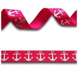 2 Yards (1.82 metres) Red & Silver Foil Anchor Grosgrain Ribbon 22mm Wide, Ideal for Craft Projects, Scrapbooking, DIY Hair Bows, Present Wrapping etc.
