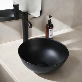 GLOBAOSALU Black Vessel Sink with Faucet and Pop-Up Drain 13 inch Stone Resin Round Bathroom Basin Compact Vessel Sinks Top Mount Sink Bowls for Small Bathrooms Vanities Space Saving Design