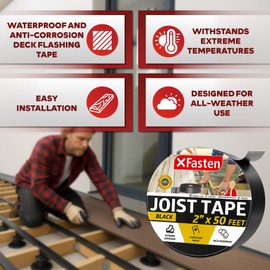 XFasten Butyl Joist Tape for Decking, 2 Inch x 50 Feet (8-Pack), Professional Butyl Deck Joist Tape 2 Inch Waterproof Roof Sealant Flashing Tape, Black