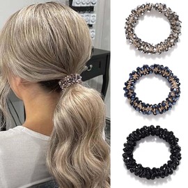 Reaky Pearl Hair Ties Rhinestone Ponytail Holder Beaded Hair Scrunchies 3 Pcs Elastic Hair Bands Hair Accessories for Women (black,silver,blue)