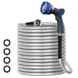 SPECILITE 100ft 304 Stainless Steel Garden Hose Metal, Heavy Duty Water Pipe with Nozzles for Yard, Outdoor - Flexible, Never Kink & Tangle, Puncture Resistant (Sliver)