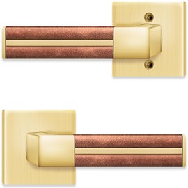 HADE LION Passage Satin Brass Gold Door Handles Without Lock, Keyless Door Lever for Hallway/Closet, Brown Leather Interior Door Knobs 1 Pack