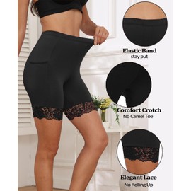 Pafnny Anti Chafing Shorts Women Lace Slip Boyshort for Under Dresses with Pockets Satin Underwear 2 Packs