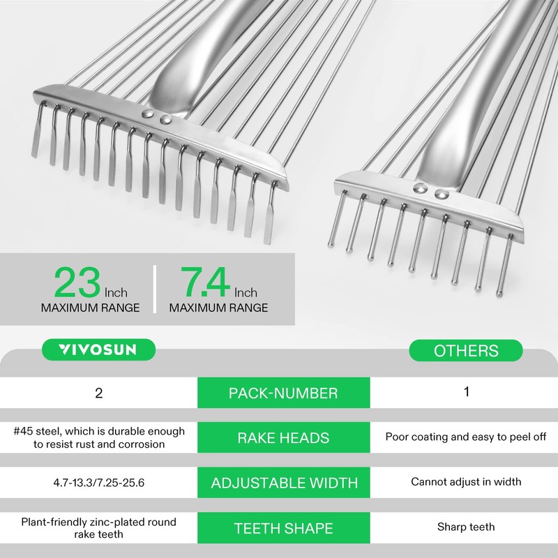 VIVOSUN 2-Piece Leaf Rake Set - Adjustable Garden/Camping Rake with