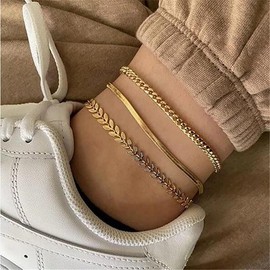 MIDEEO Gold/Silver Ankle Bracelets for Women,14K Gold Anklets for Women Waterproof Cuban Link Heart Beads Herringbone Rhinestone Anklets Set Layered Anklet Bracelets for Women Gold Jewelry Gift