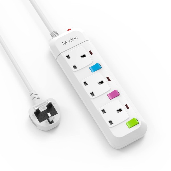 Mscien Extension Lead with Switches, 3 Way Plug Sockets with Overload Protection Surge Protection 1.8M Extension Cable Wall Mountable Power Strip