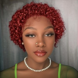 Yiifiulyn Short Pixie Cut Human Hair Wig for Black Women, Curly Style 13 * 1 Lace Front Wig (Burgundy)