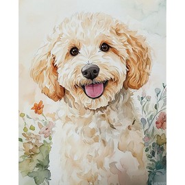 Goldendoodle Dog Paint by Number for Adults DIY Acrylic Paint by Numbers Kits on Canvas Among Flowers Paintworks Artwork for Beginner Without Frame, 16" W x 20" L