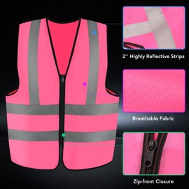 BURVAGY 3-Pack Reflective Safety Vest For Women Men - High-Visibility Safety Vest with 2in Reflective Strips for Emergency, Construction, and Safety Use-Pink XL