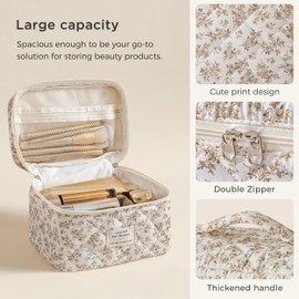 HBselect Quilted Makeup Bag for Women, Floral Cotton Cosmetic Bag Large Travel Makeup Bag Coquette Aesthetic Toiletry Bag