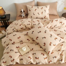 Lanqinglv Muslin Bed Linen 135 x 200 cm Cotton Dachshund Pattern, Renforce Linen Look, Oeko-Tex Children's Bed Linen with Zip and 1 Pillowcase 80 x 80 cm